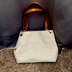 Michael Kors Tote Bag. Cream/Tan MK leather with Brown leather straps
